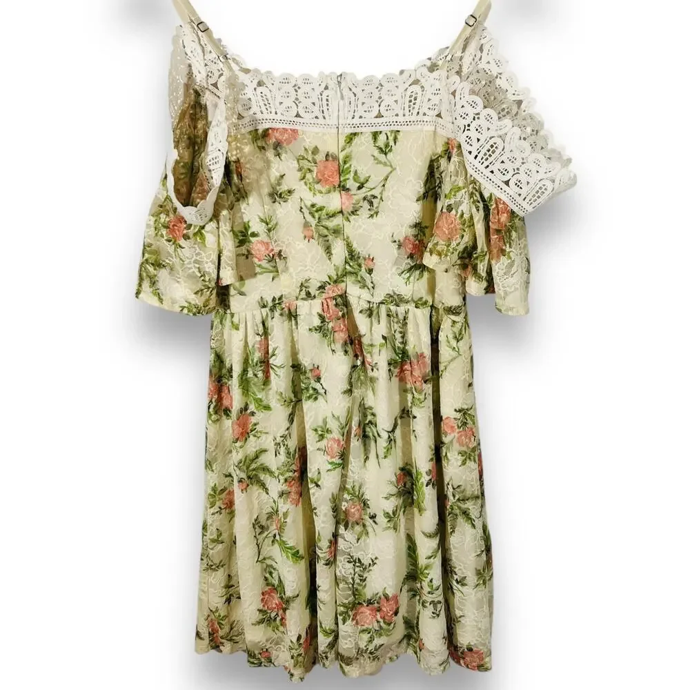 Disney Princess Aurora Dress Girls 7/8 Floral Lace Cold Shoulder Cottagecore